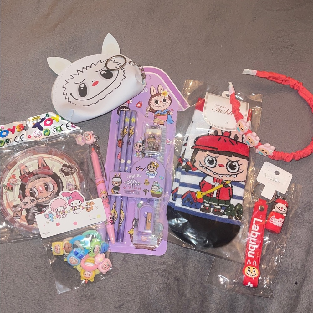 Labubu Monster Bundle socks, coin purse, keychain, headband, hair ties, maze net